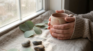 A pair of relaxed hands holding a warm ceramic mug surrounded by natural botanical elements in soft, calming light.