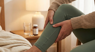 A person holding their calf muscle with both hands against a clean neutral background, with a glass of water and supplement capsules softly visible in the background.
