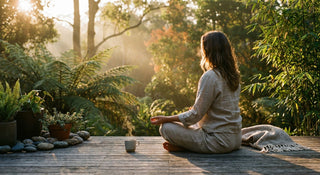 A person meditating peacefully on a wooden deck surrounded by lush green plants in warm golden morning light.